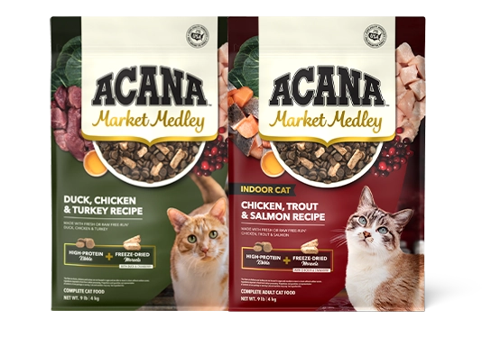 ACANA Market Medley DUCK, CHICKEN & TURKEY and INDOOR CAT CHICKEN, TROUT & SALMON recipes